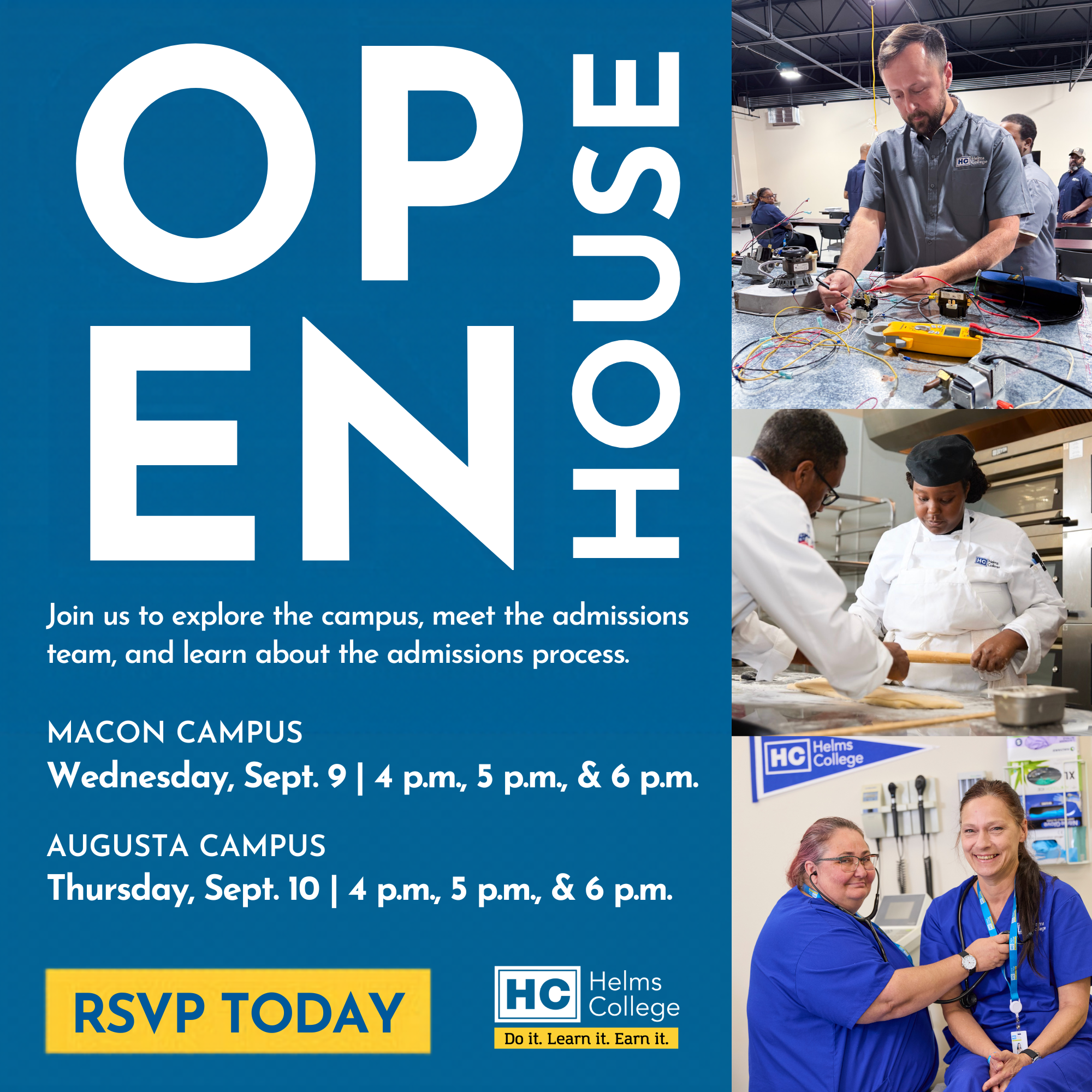 Open House graphic - Macon and Augusta campus events for Helms College.
